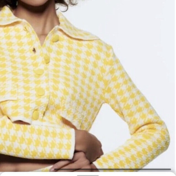 ZARA Yellow / White Houndstooth Tweed CROP Jacket SIZE M  Rare ! - Picture 2 of 6